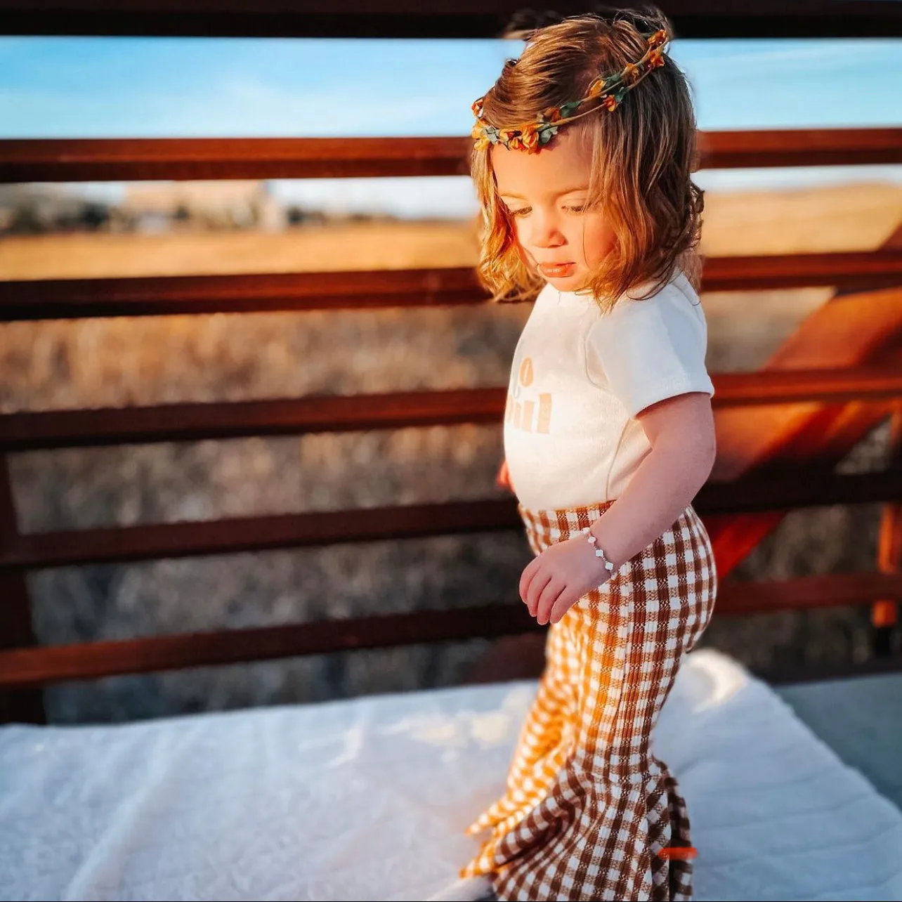 Girls Bell Bottoms in Camel Gingham Print