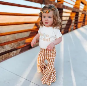 Girls Bell Bottoms in Camel Gingham Print