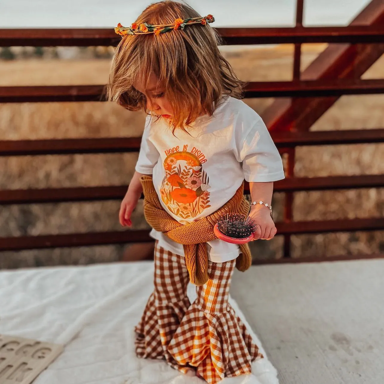 Girls Bell Bottoms in Camel Gingham Print