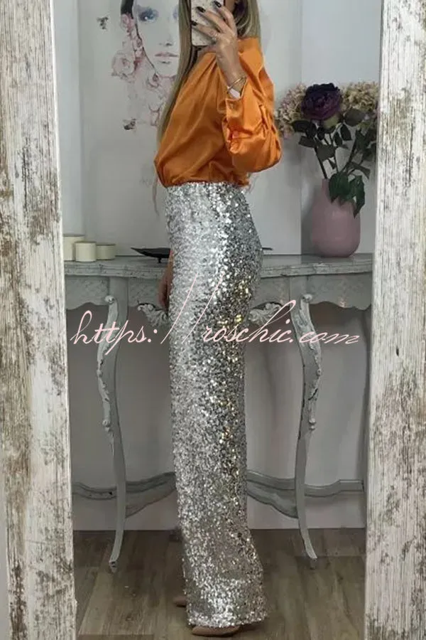 Glitzy Glamour Sequin High Rise Elastic Waist Wide Leg Pants