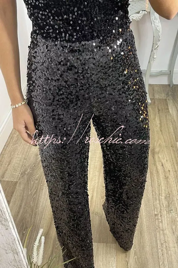 Glitzy Glamour Sequin High Rise Elastic Waist Wide Leg Pants