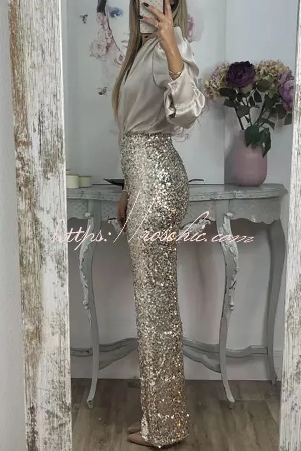 Glitzy Glamour Sequin High Rise Elastic Waist Wide Leg Pants