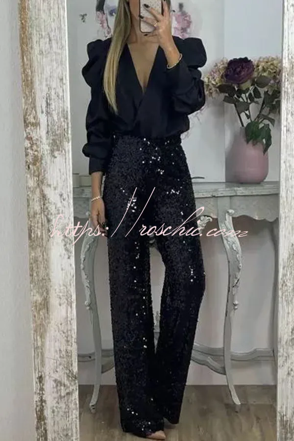 Glitzy Glamour Sequin High Rise Elastic Waist Wide Leg Pants