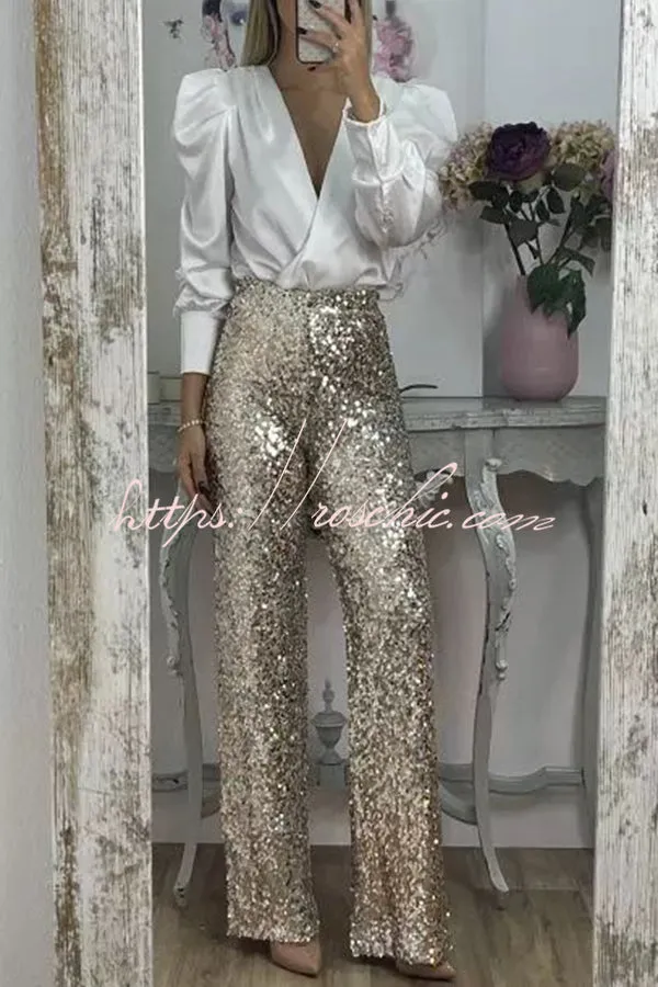 Glitzy Glamour Sequin High Rise Elastic Waist Wide Leg Pants