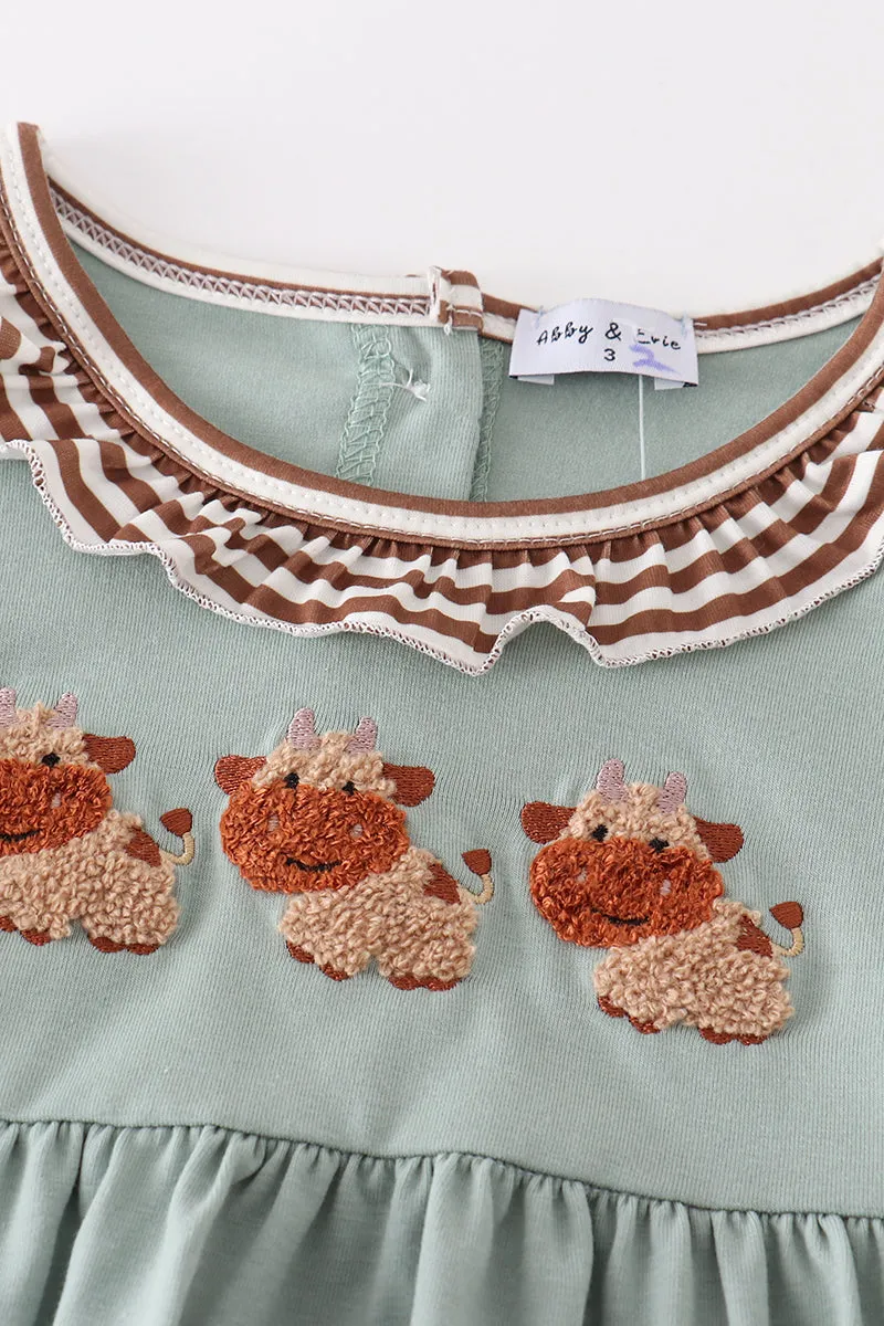 Green farm cow french knot girl set