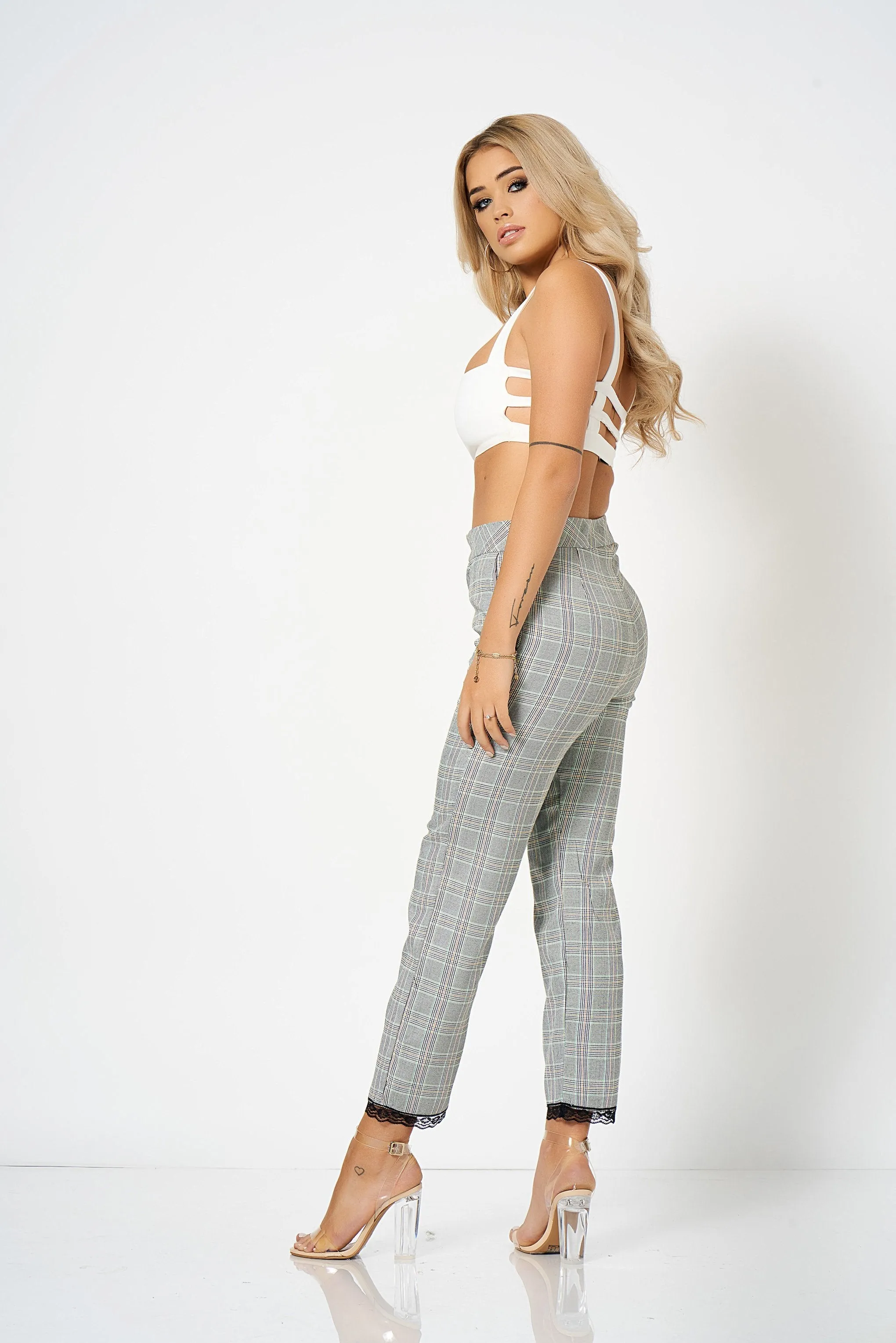 Grey Checked Lace Detail Tailored Co-Ord Trousers