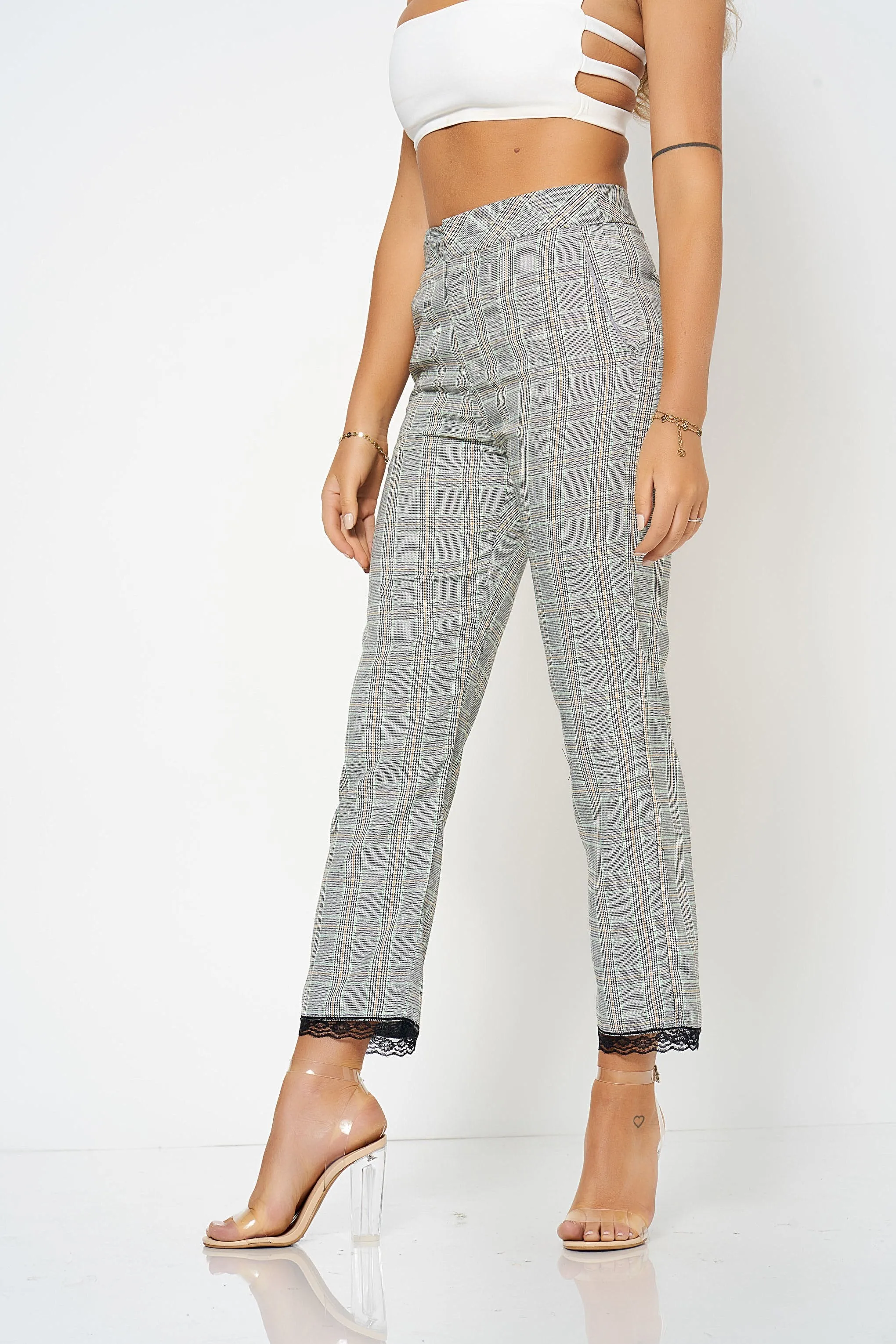 Grey Checked Lace Detail Tailored Co-Ord Trousers