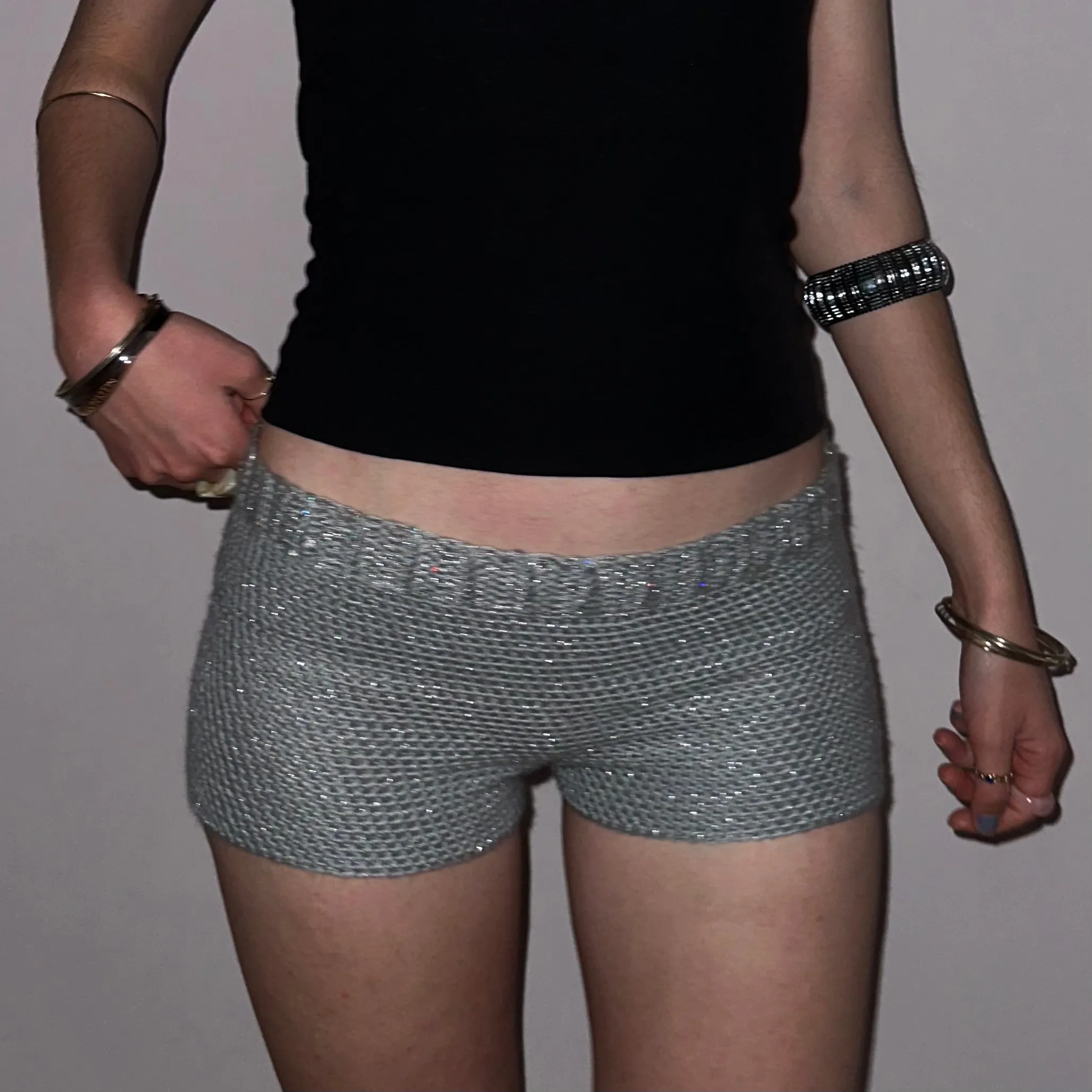 Handmade sparkly metallic silver crochet shorts