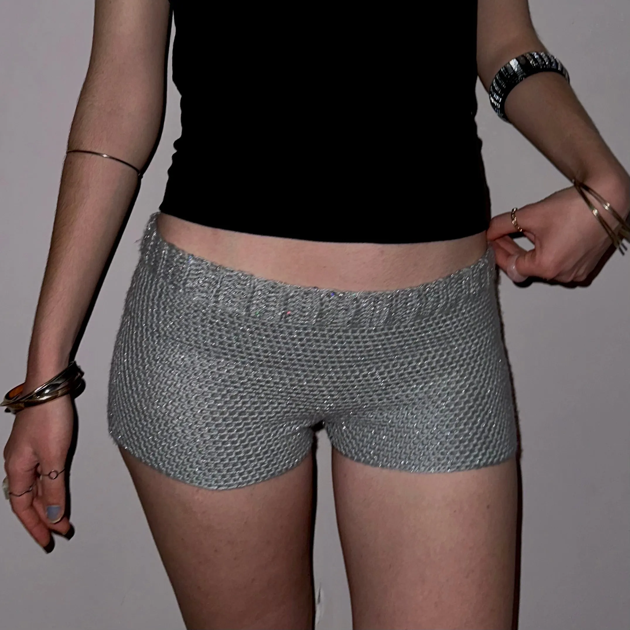 Handmade sparkly metallic silver crochet shorts