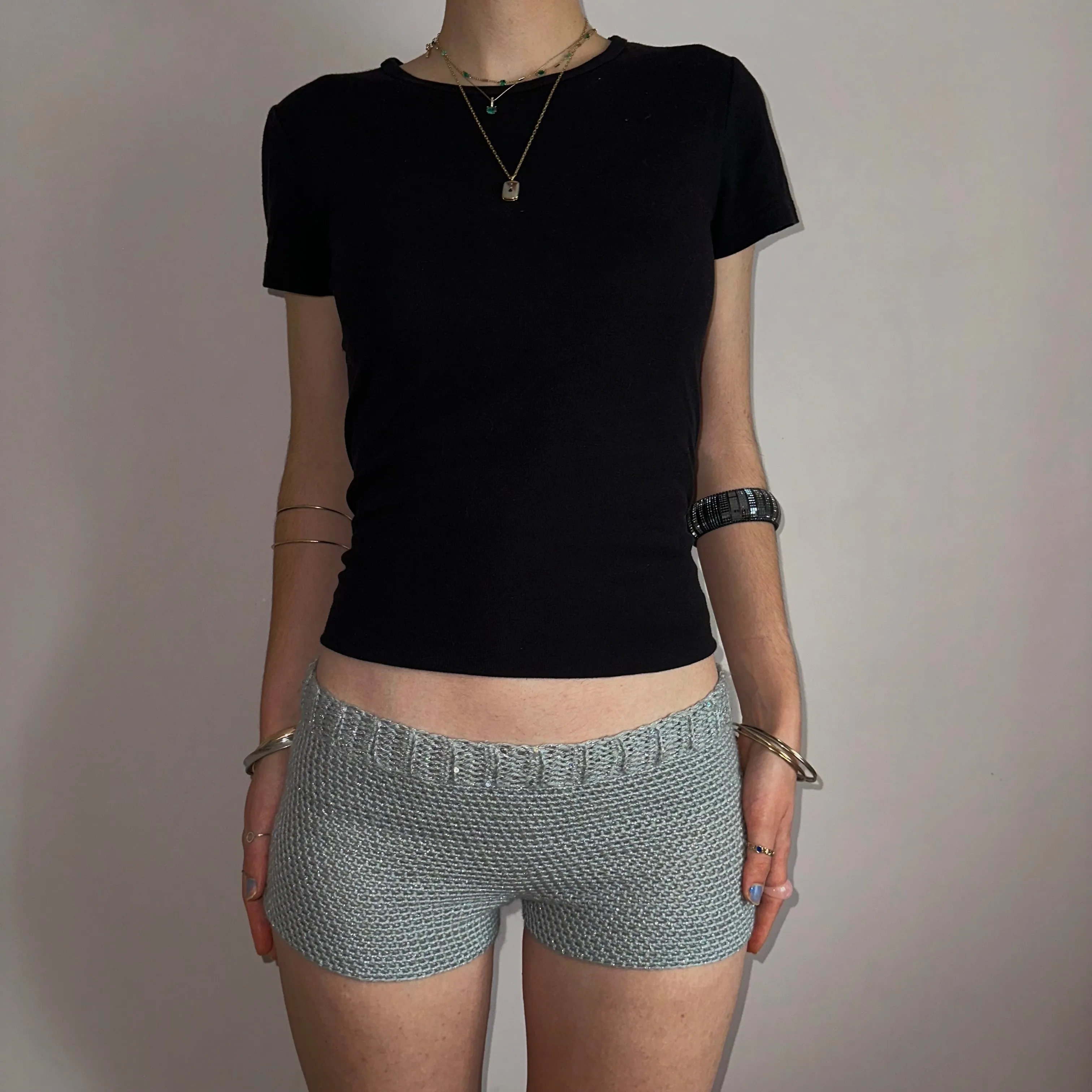 Handmade sparkly metallic silver crochet shorts