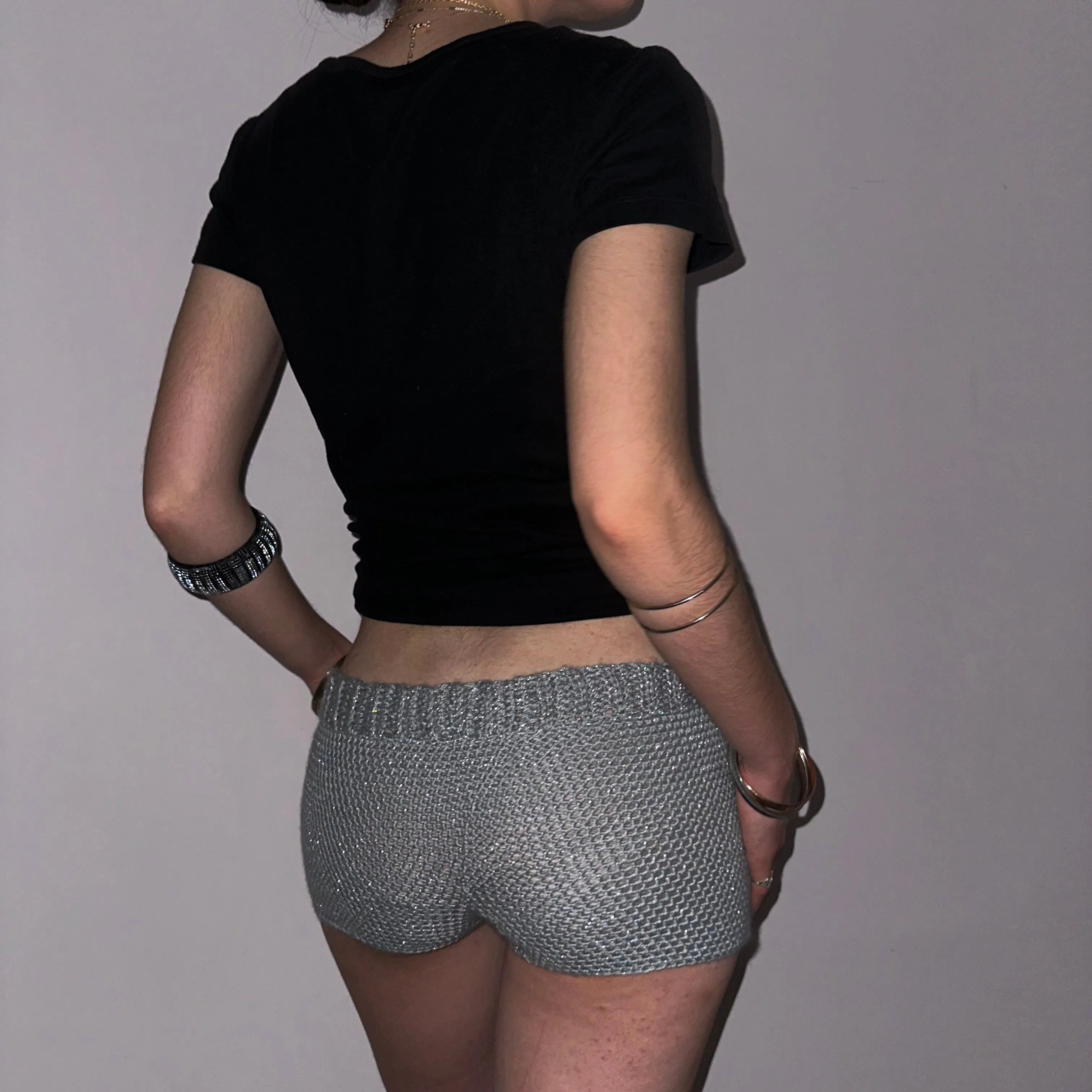 Handmade sparkly metallic silver crochet shorts