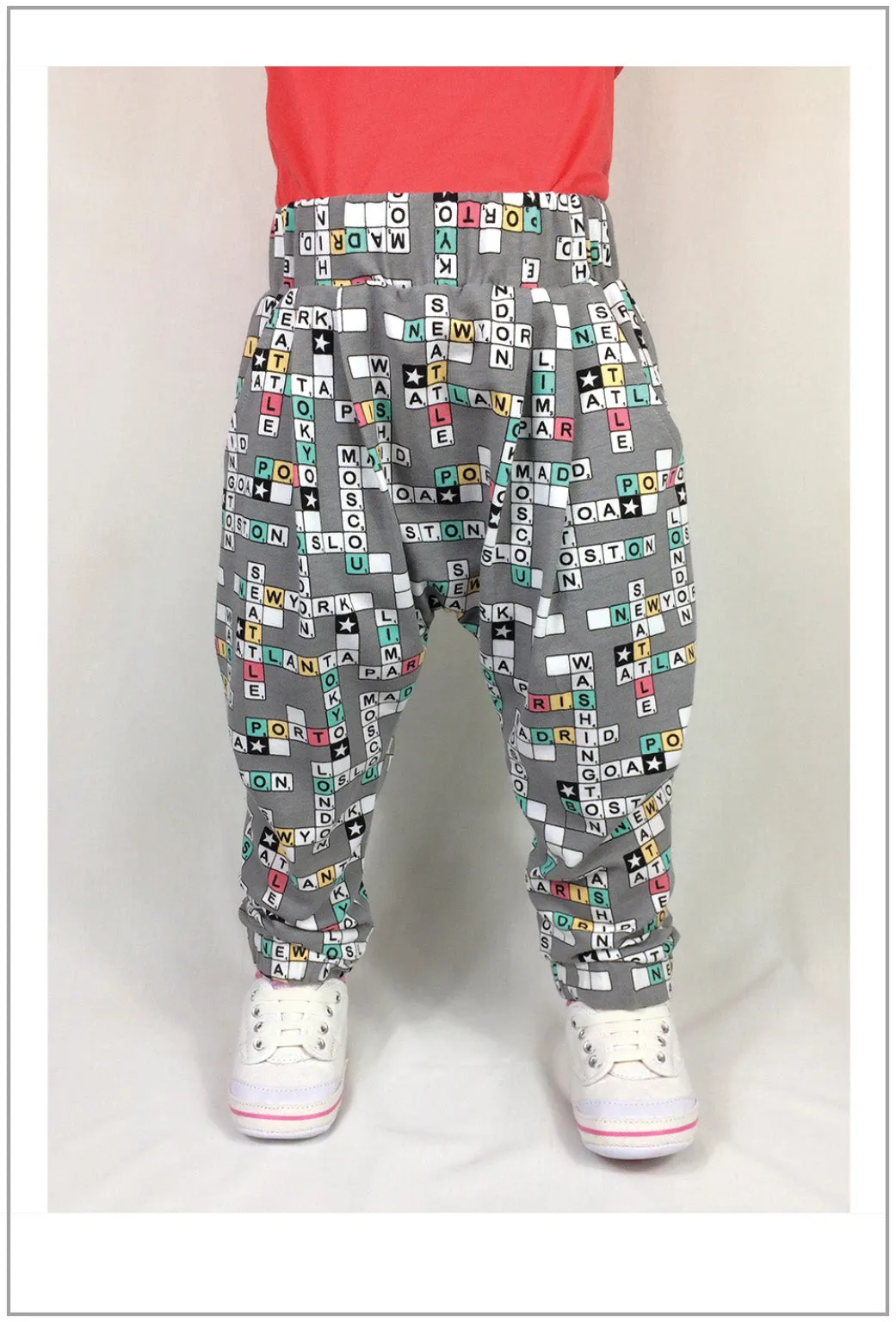 Harem pants PDF sewing pattern for babies and toddlers, PANDA PANTS sizes 3  months to 6 years