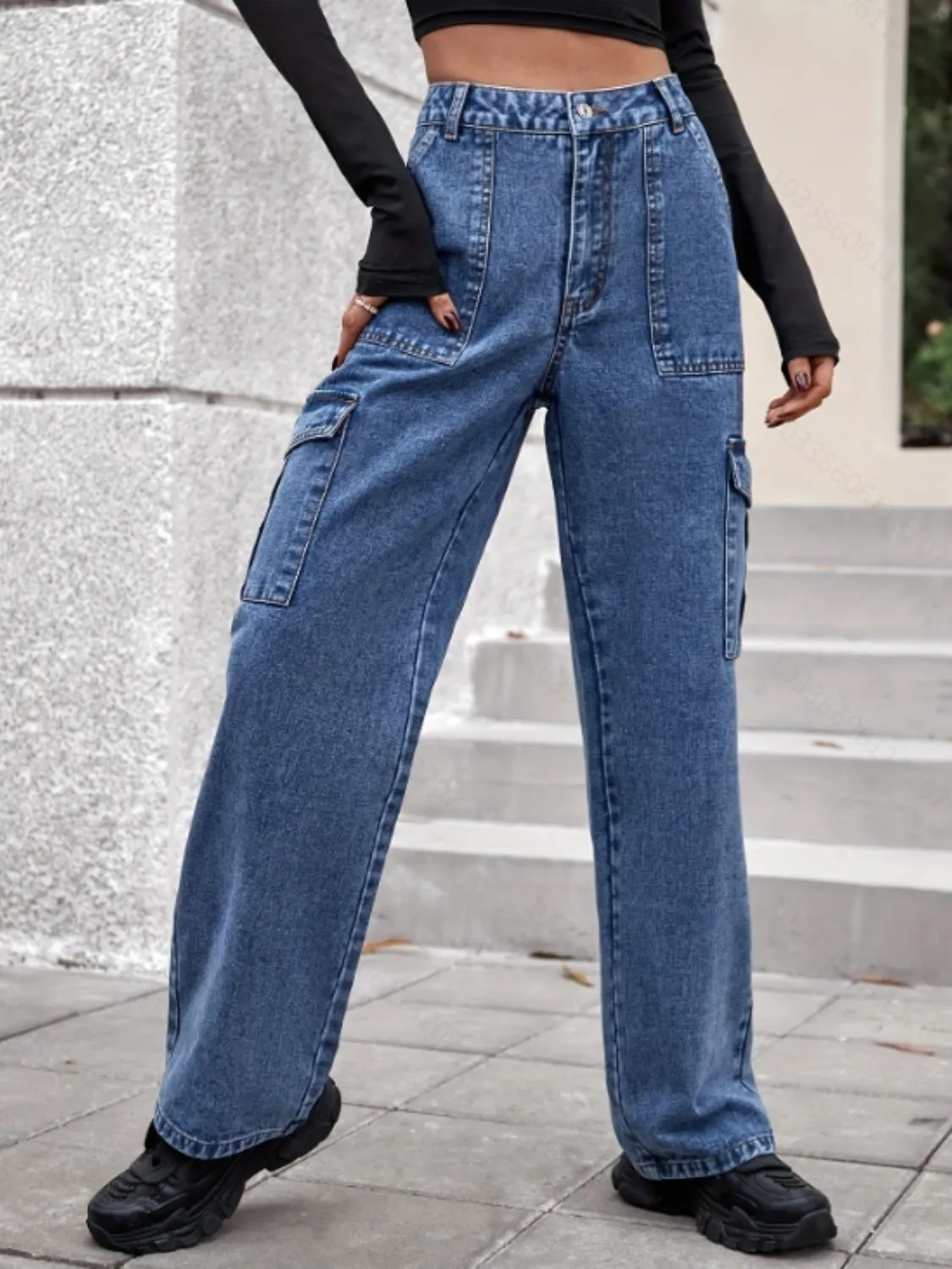 High Rise Straight Jeans with Cargo Pockets