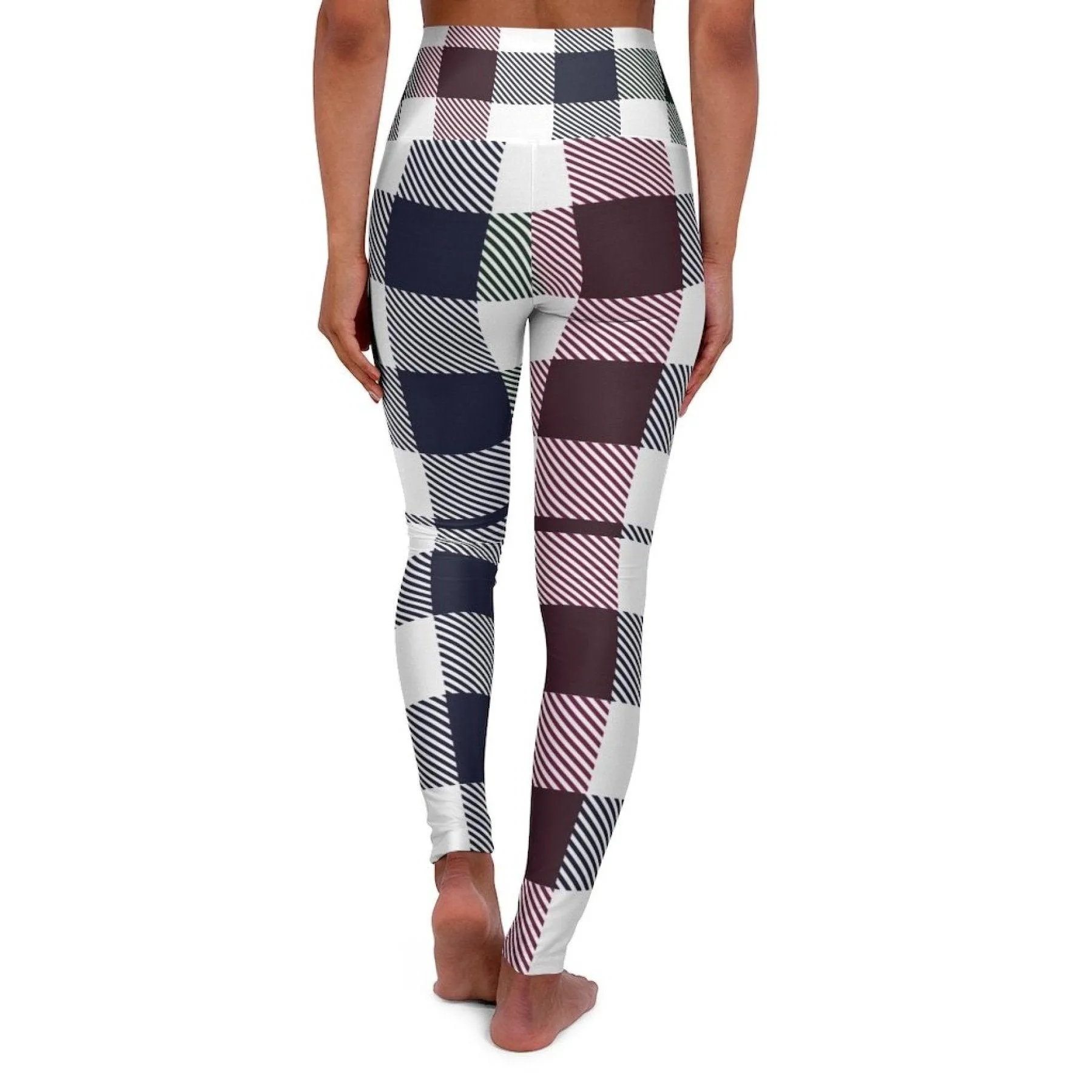 High Waisted Yoga Pants, Blue Burgundy Green And Black Plaid Style