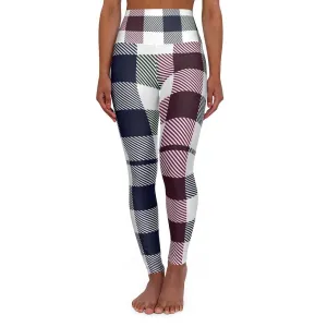 High Waisted Yoga Pants, Blue Burgundy Green And Black Plaid Style