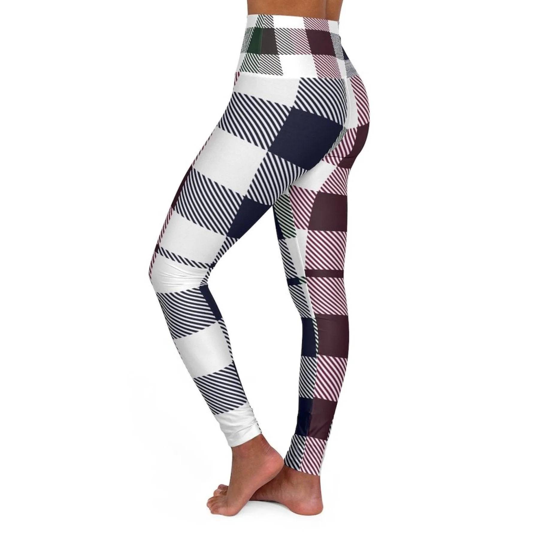 High Waisted Yoga Pants, Blue Burgundy Green And Black Plaid Style