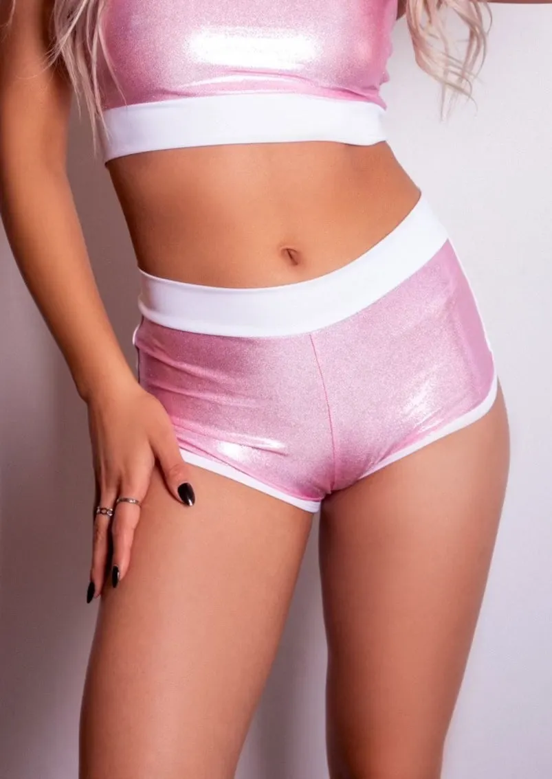 Highwaist Jogger Shorts in Baby Pink Hologram