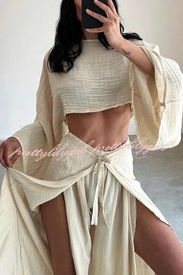 Ideal for Holidays Linen Blend Crop Top and Elastic Waist Tie-up Ruffle Pants Set