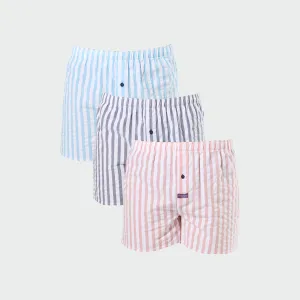 Men's Seersucker Stripe Cotton Boxer Short 3 Pack - Red, Blue, Navy