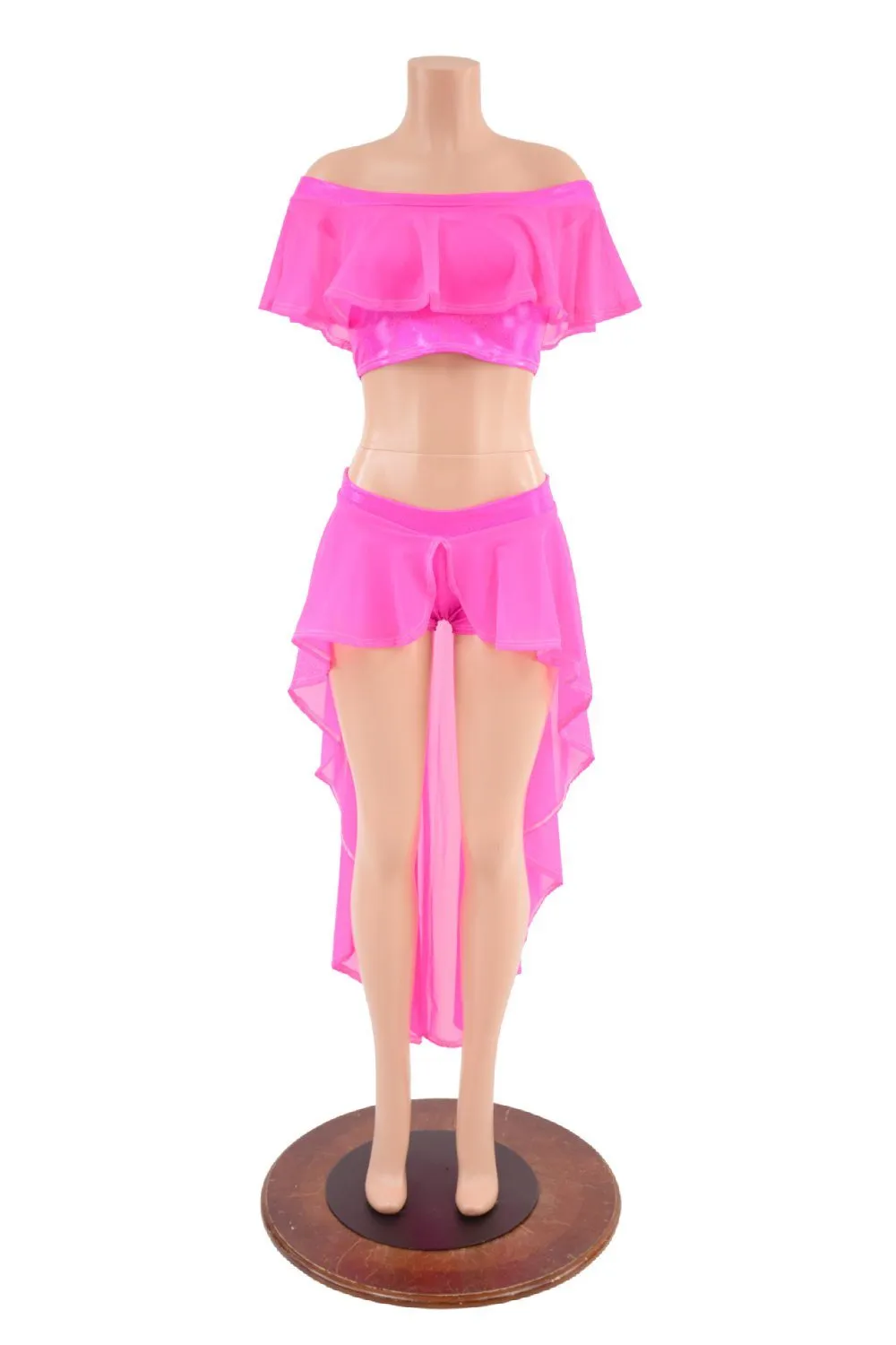 Neon Pink Sheer Mesh Off Shoulder Top & Shorts Set