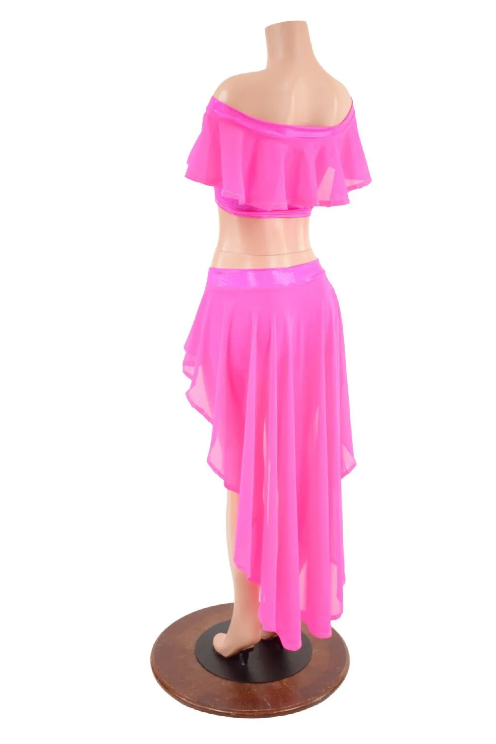 Neon Pink Sheer Mesh Off Shoulder Top & Shorts Set