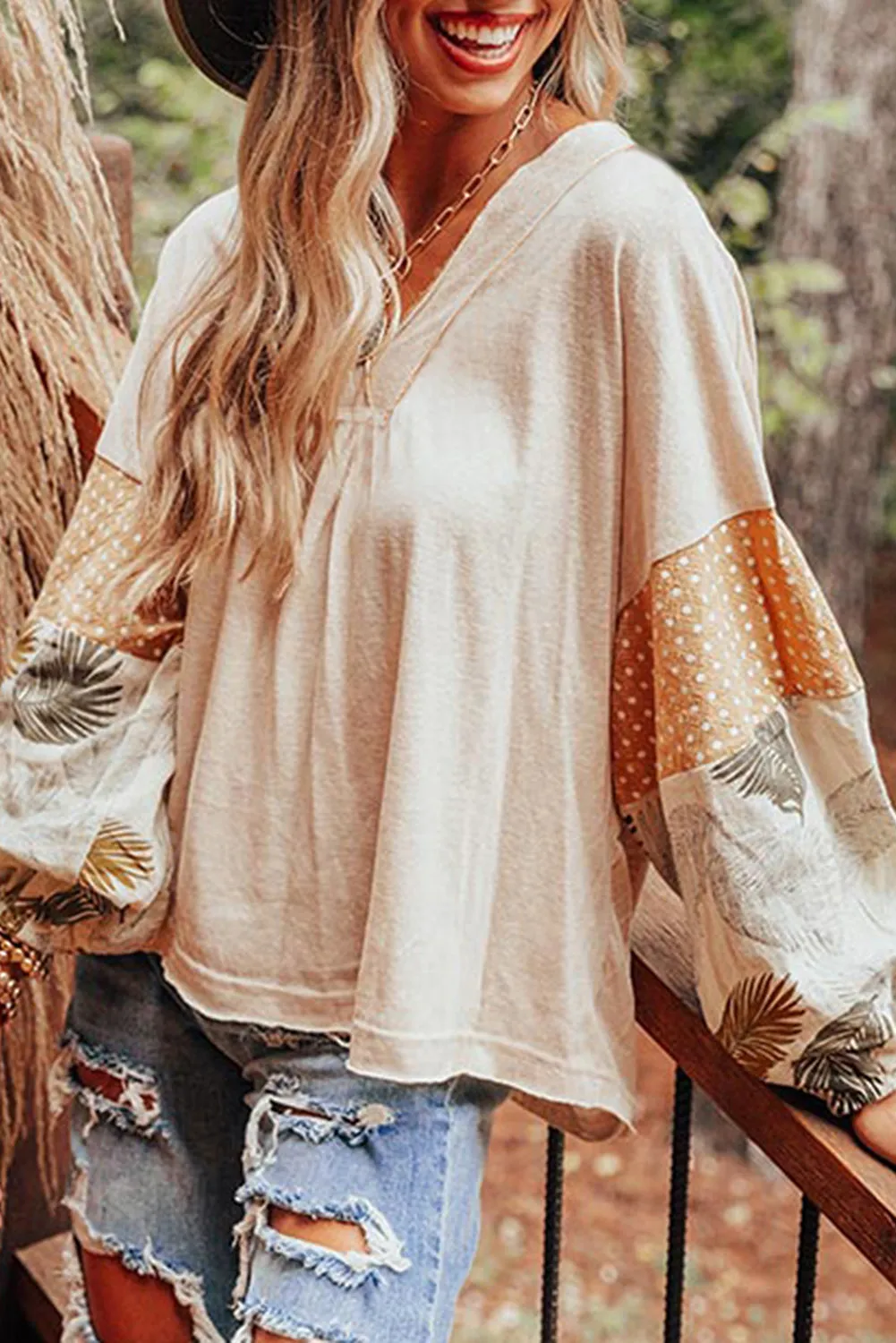 Patchwork Puff Sleeve V-Neck Blouse