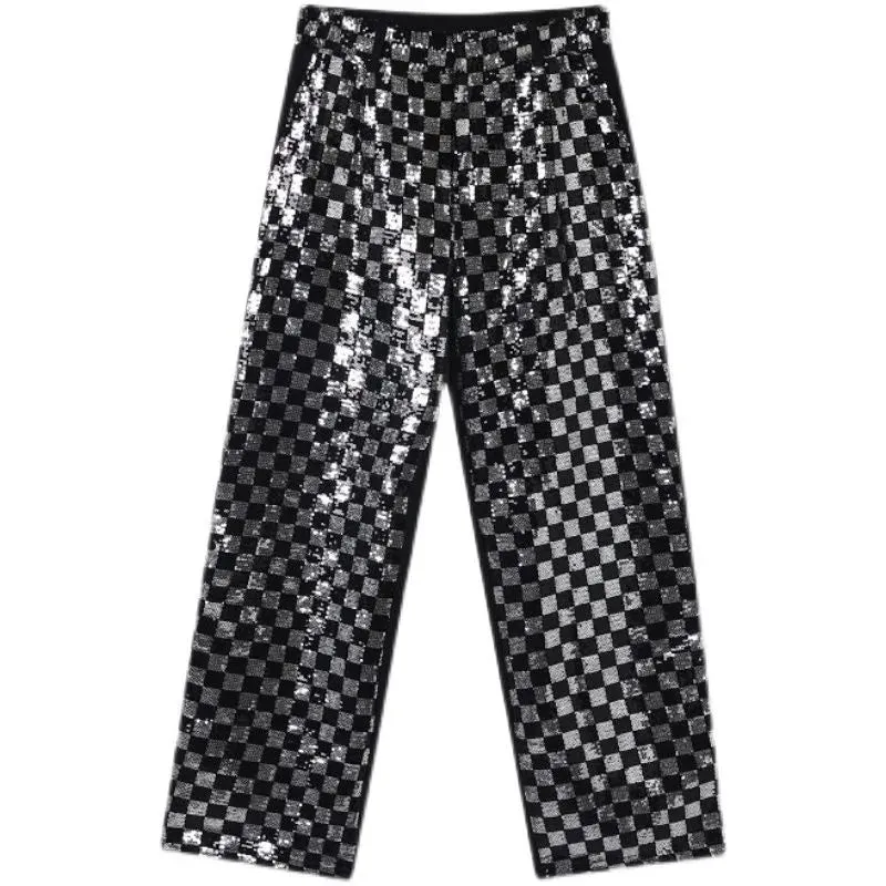 Patchwork Silver Sequin Straight Pants