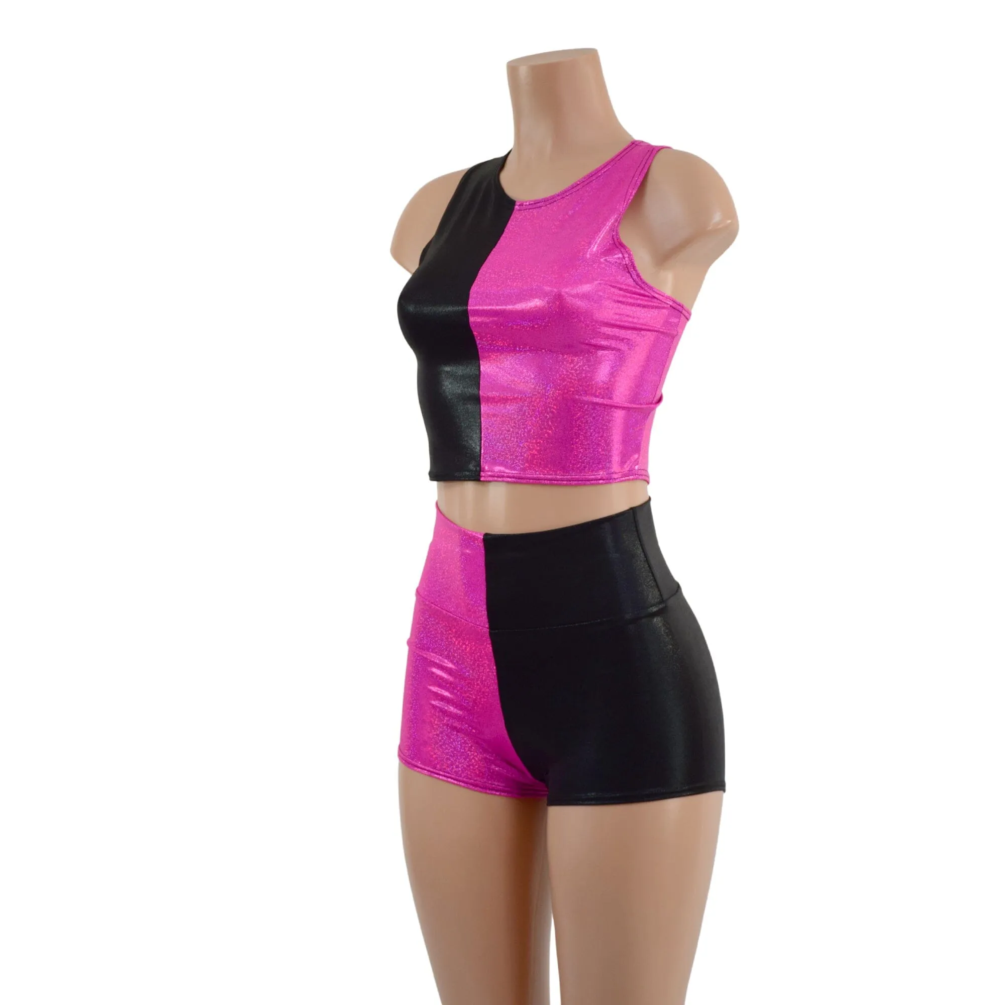 Pink and Black Harlequin High Waist Shorts & Crop Set