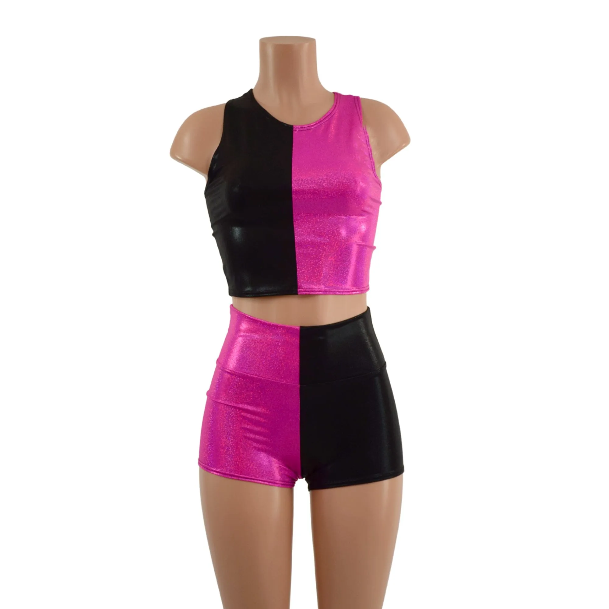 Pink and Black Harlequin High Waist Shorts & Crop Set