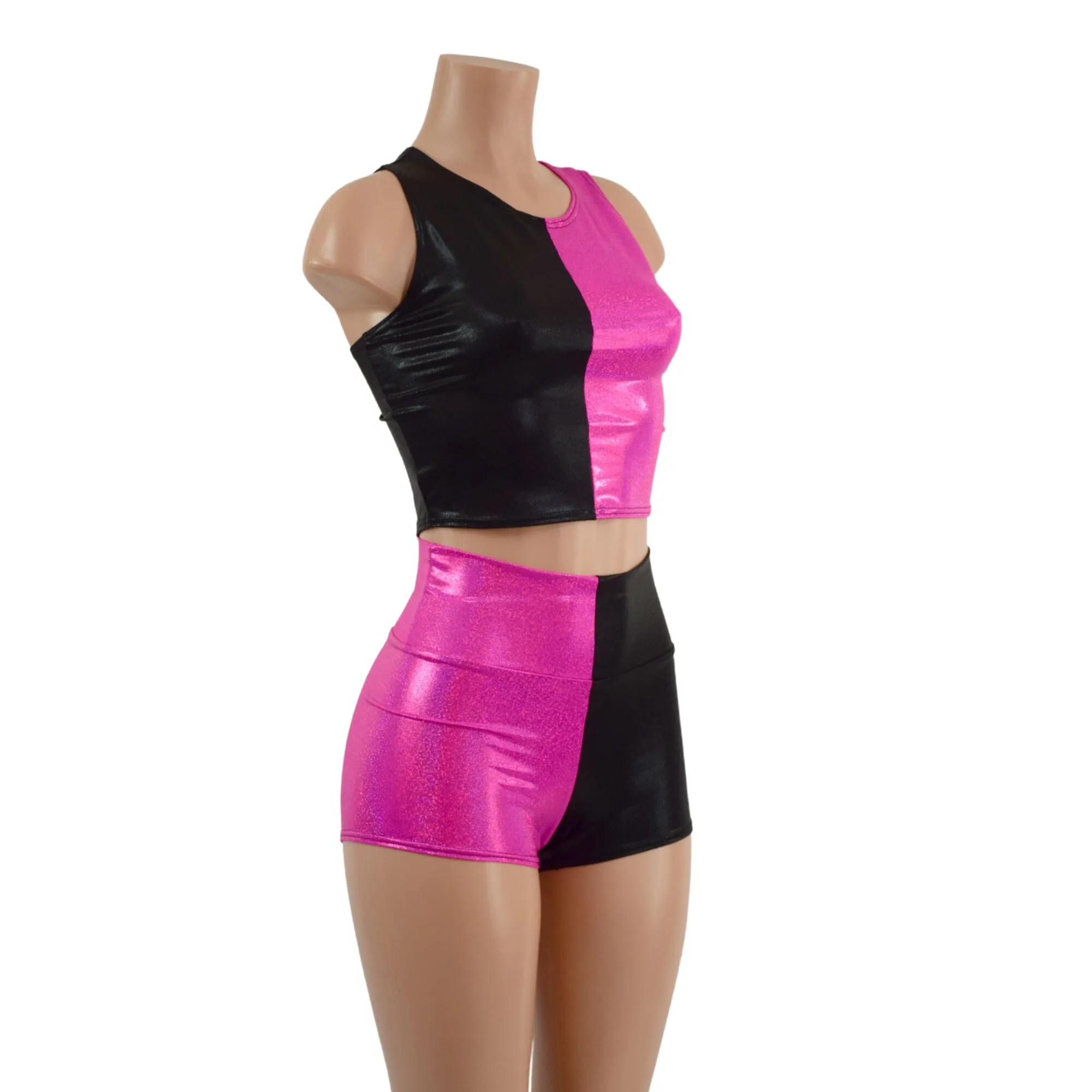 Pink and Black Harlequin High Waist Shorts & Crop Set