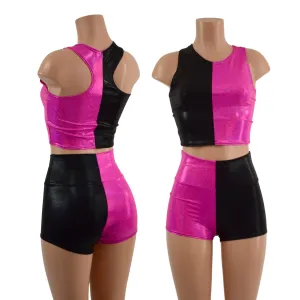 Pink and Black Harlequin High Waist Shorts & Crop Set