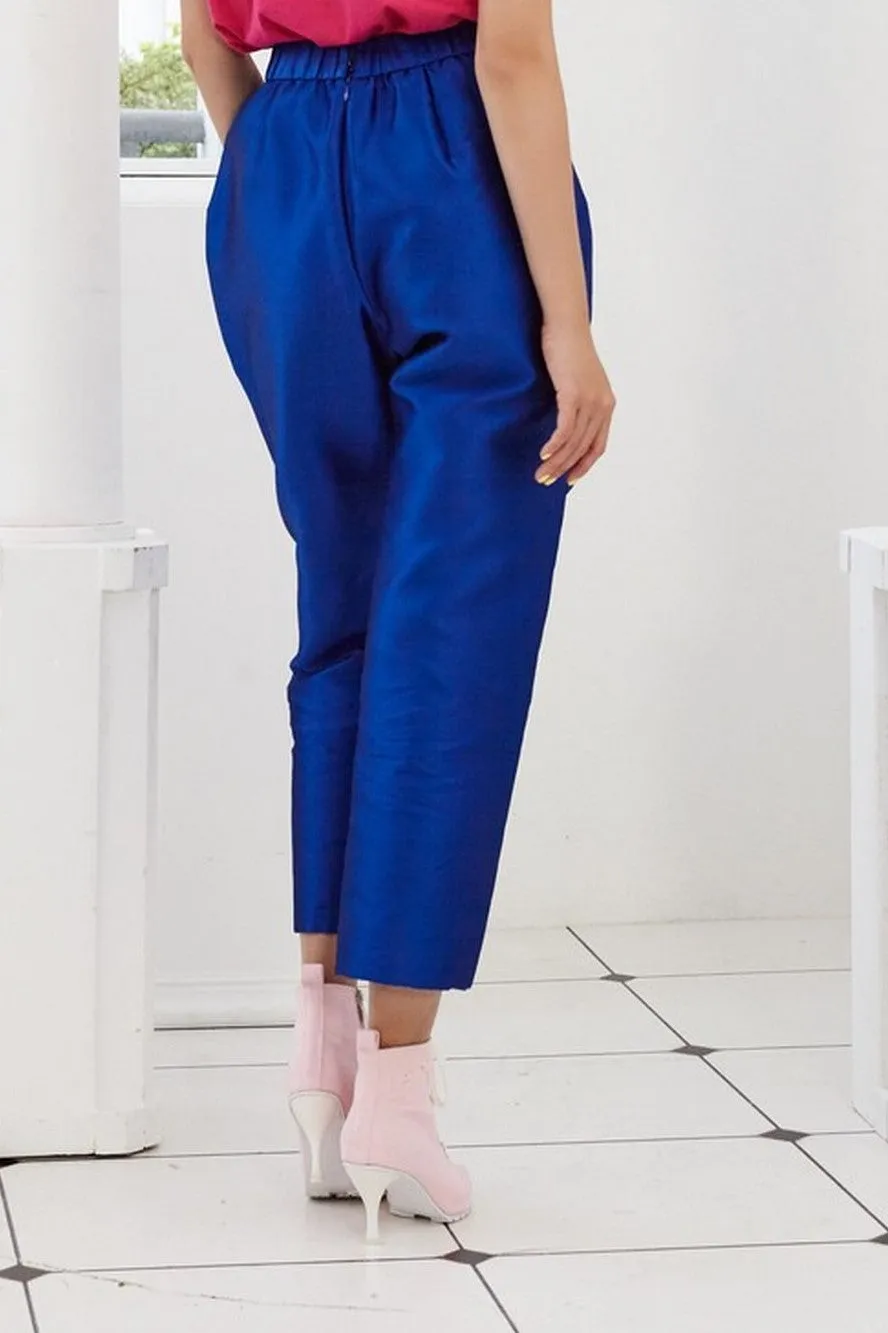 Pre-Order BLUE TAFFETA - PLEATED PETAL TROUSERS - BLUE