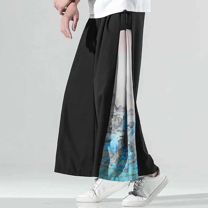 Printed On Side Loose Wide Leg Pants