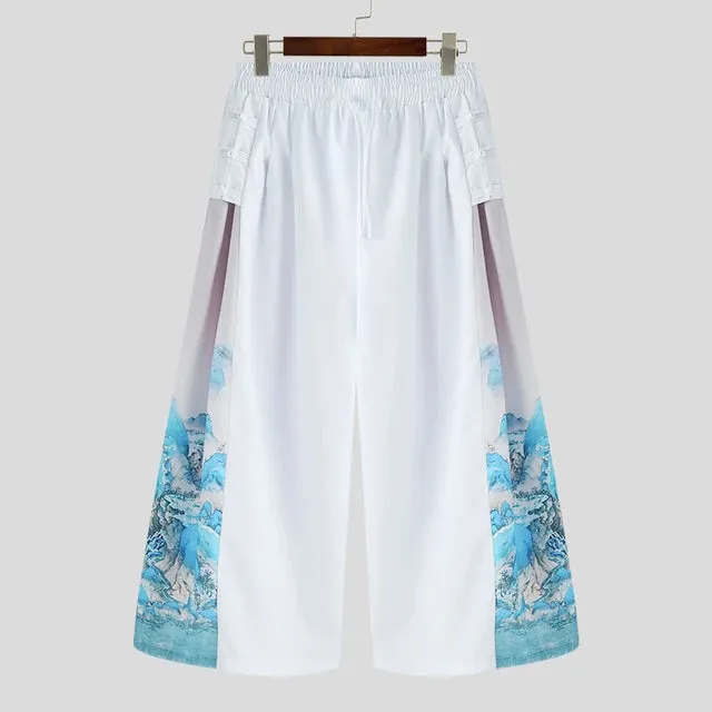 Printed On Side Loose Wide Leg Pants