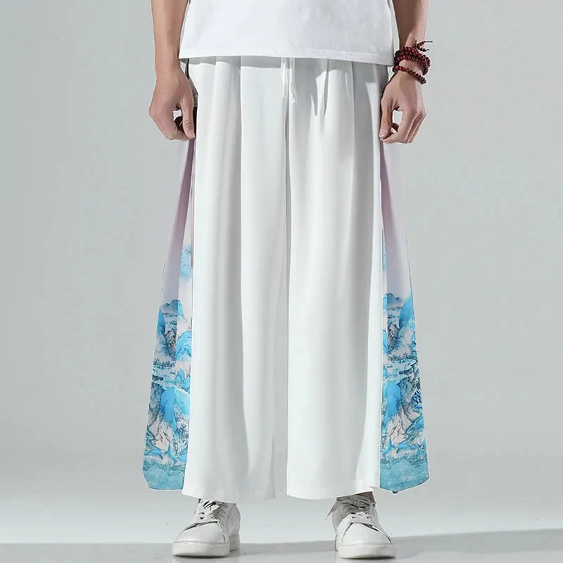 Printed On Side Loose Wide Leg Pants