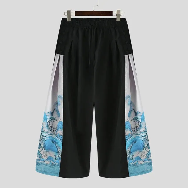 Printed On Side Loose Wide Leg Pants