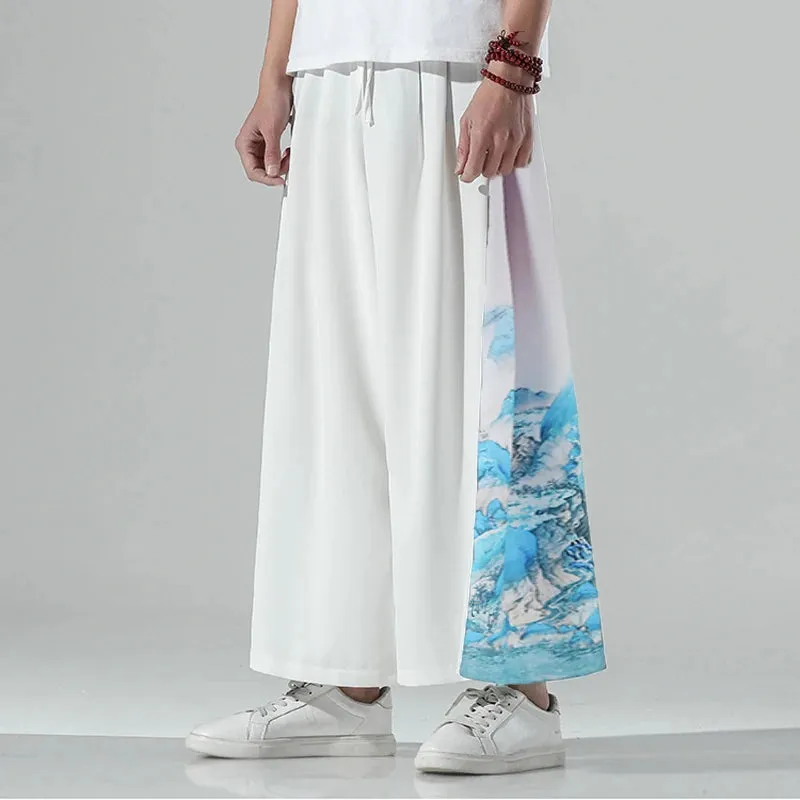 Printed On Side Loose Wide Leg Pants