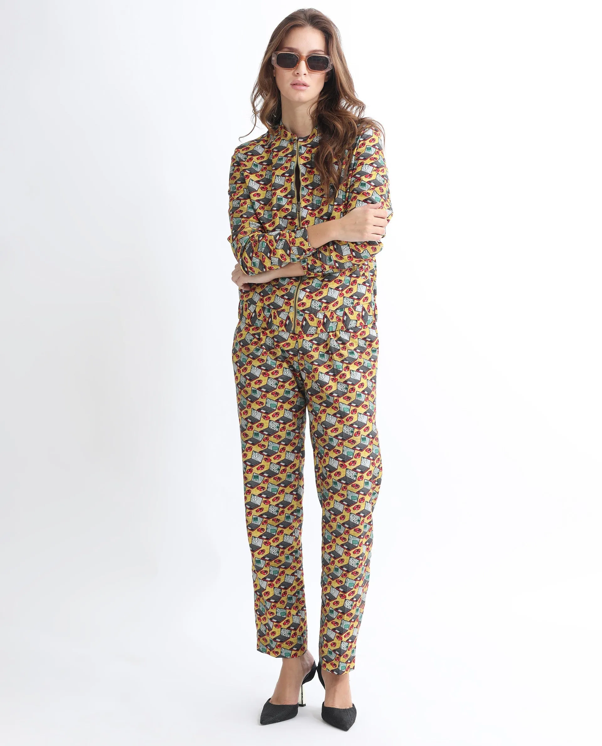 Rareism Women Hertie-B Yellow Cotton Blend Fabric Straight Fit Geometric Print Ankle Length Trousers