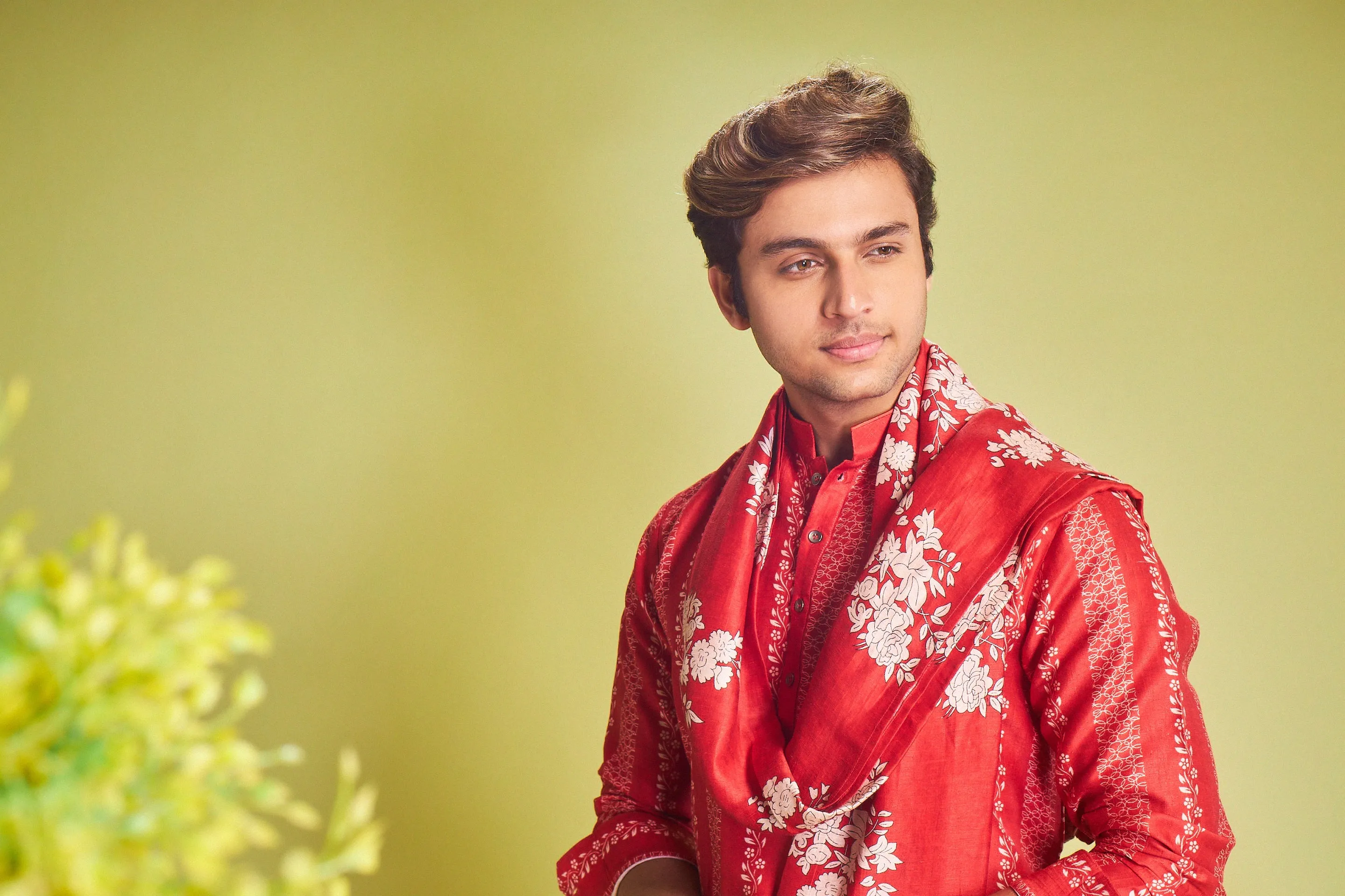 Red Silk Kurta With Geometric & Floral Print