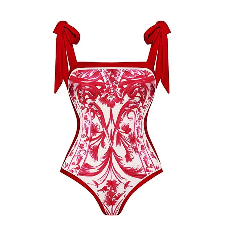 Reversible Red Pink One Piece Tie Up Swimsuit With Pants By Sinderella