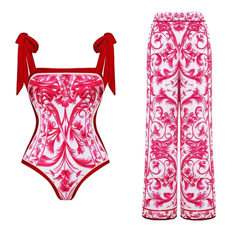 Reversible Red Pink One Piece Tie Up Swimsuit With Pants By Sinderella