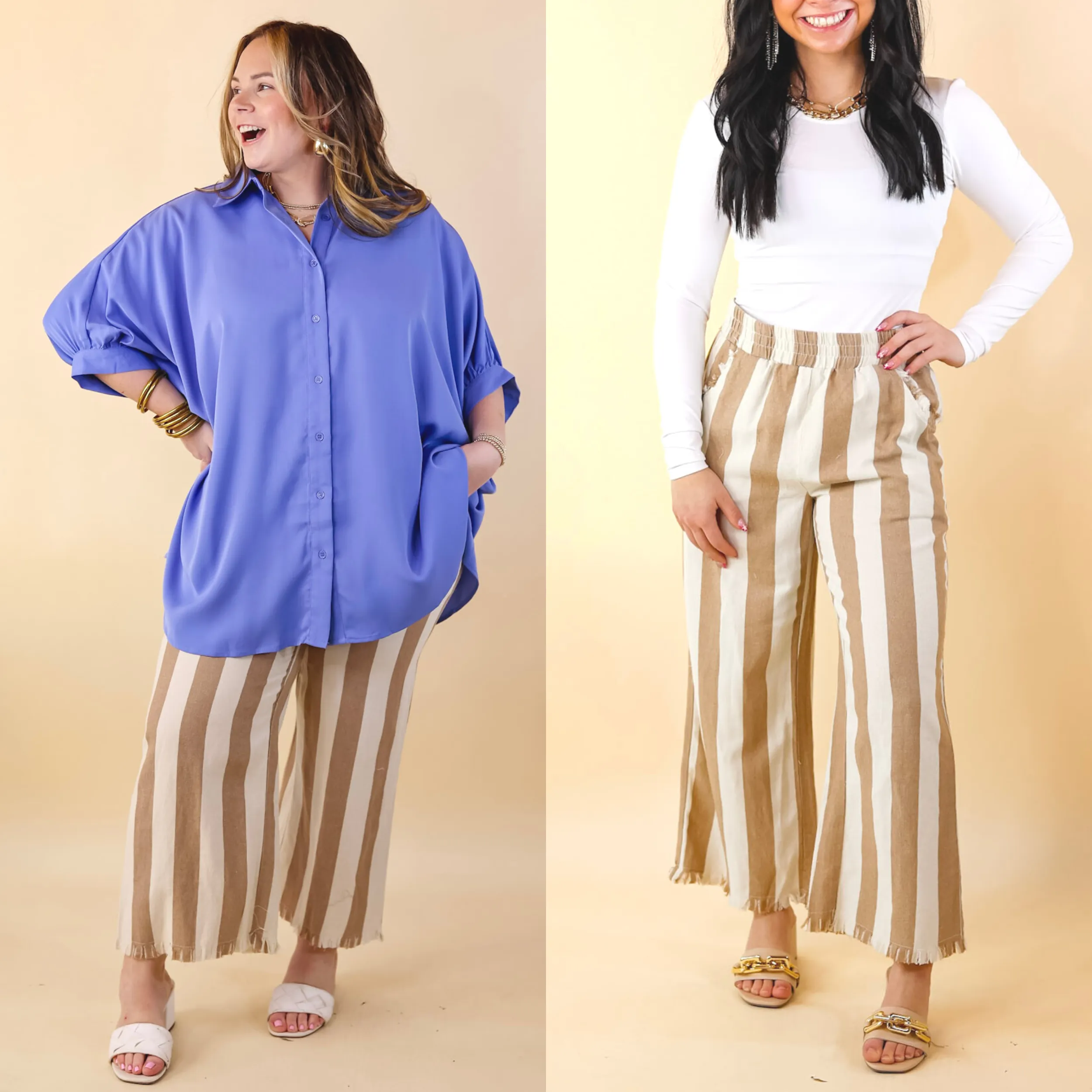 Right On Cue Elastic Waistband Striped Cropped Pants with Frayed Hem in Taupe