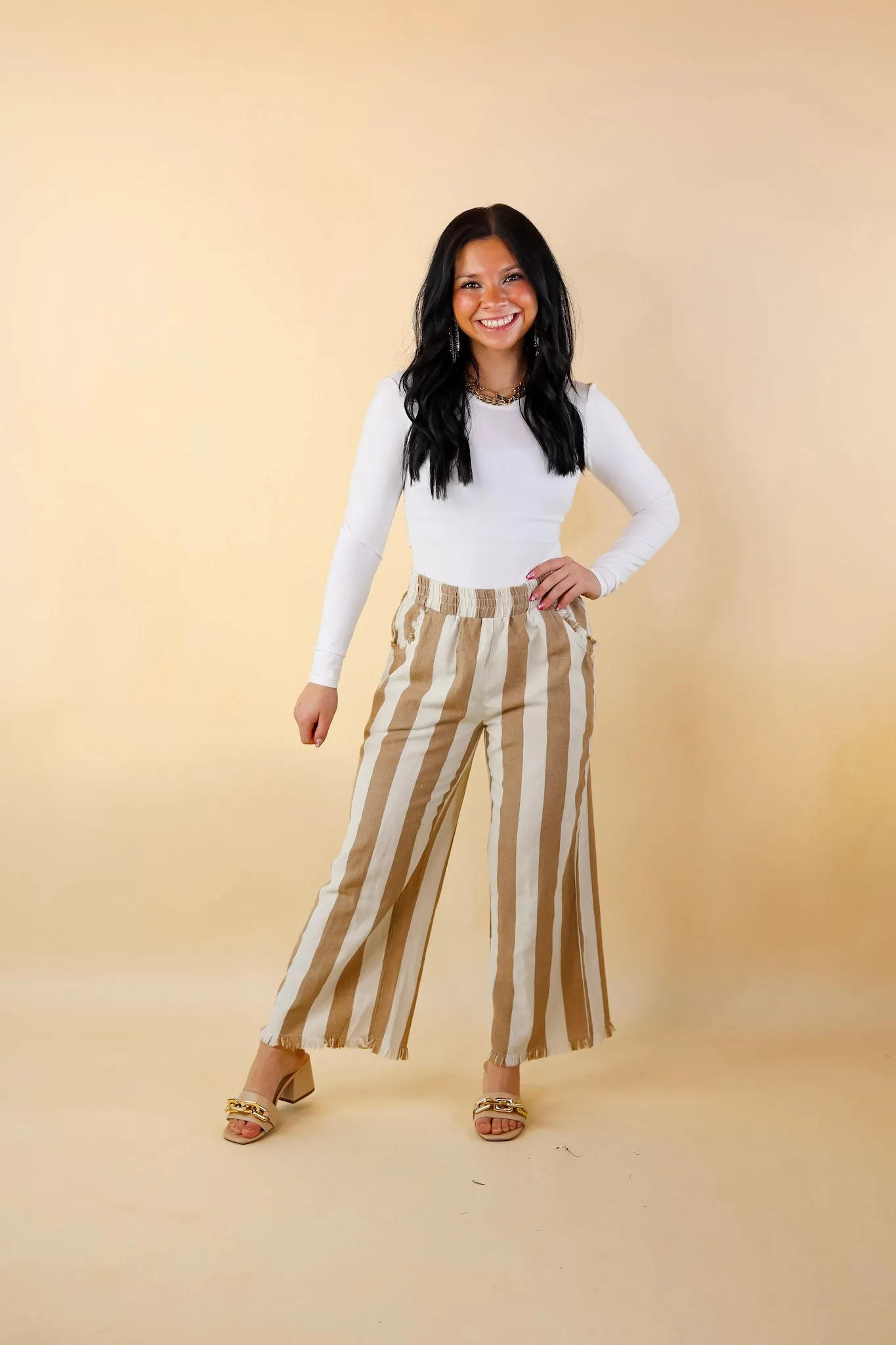 Right On Cue Elastic Waistband Striped Cropped Pants with Frayed Hem in Taupe