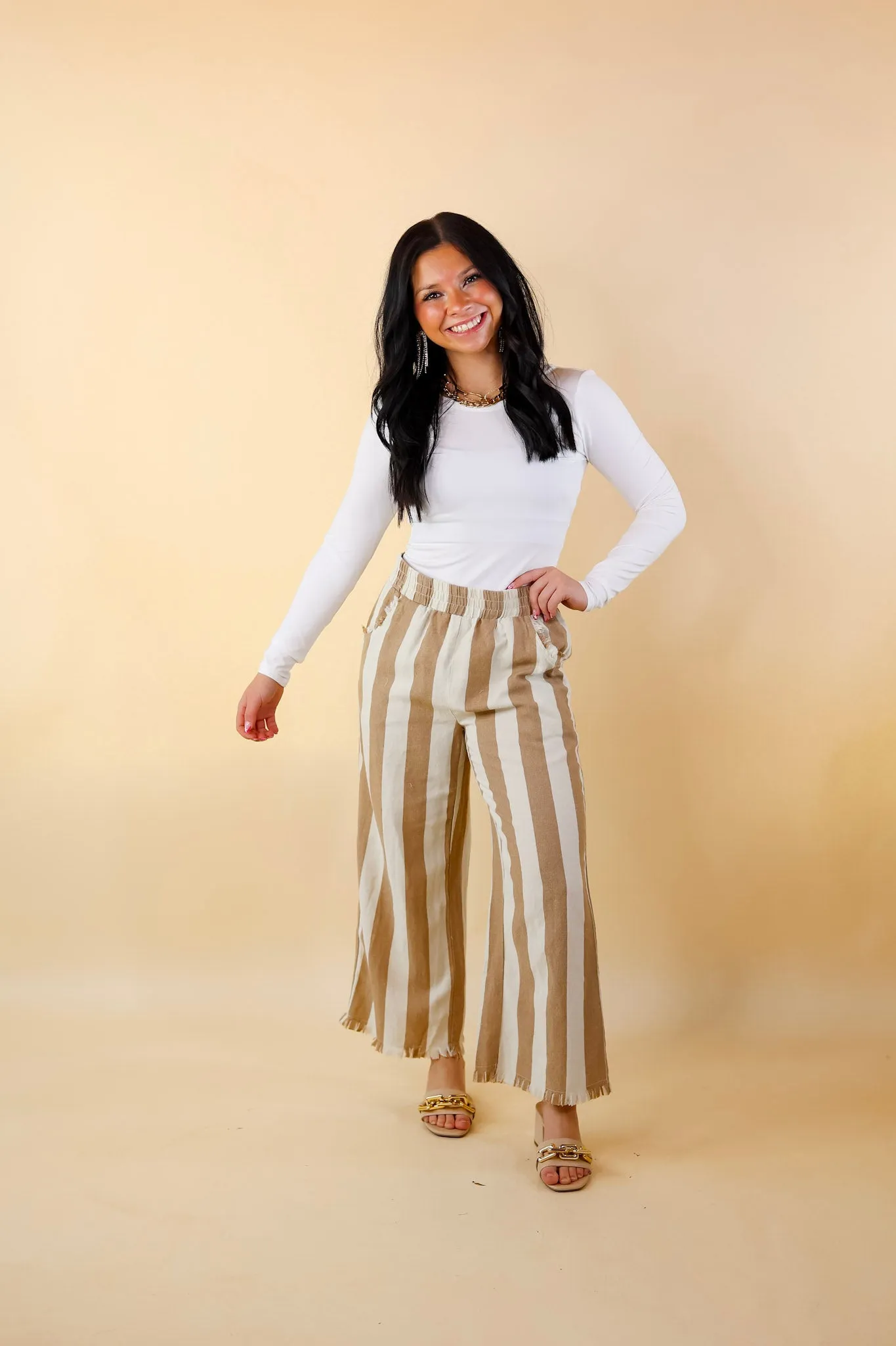 Right On Cue Elastic Waistband Striped Cropped Pants with Frayed Hem in Taupe