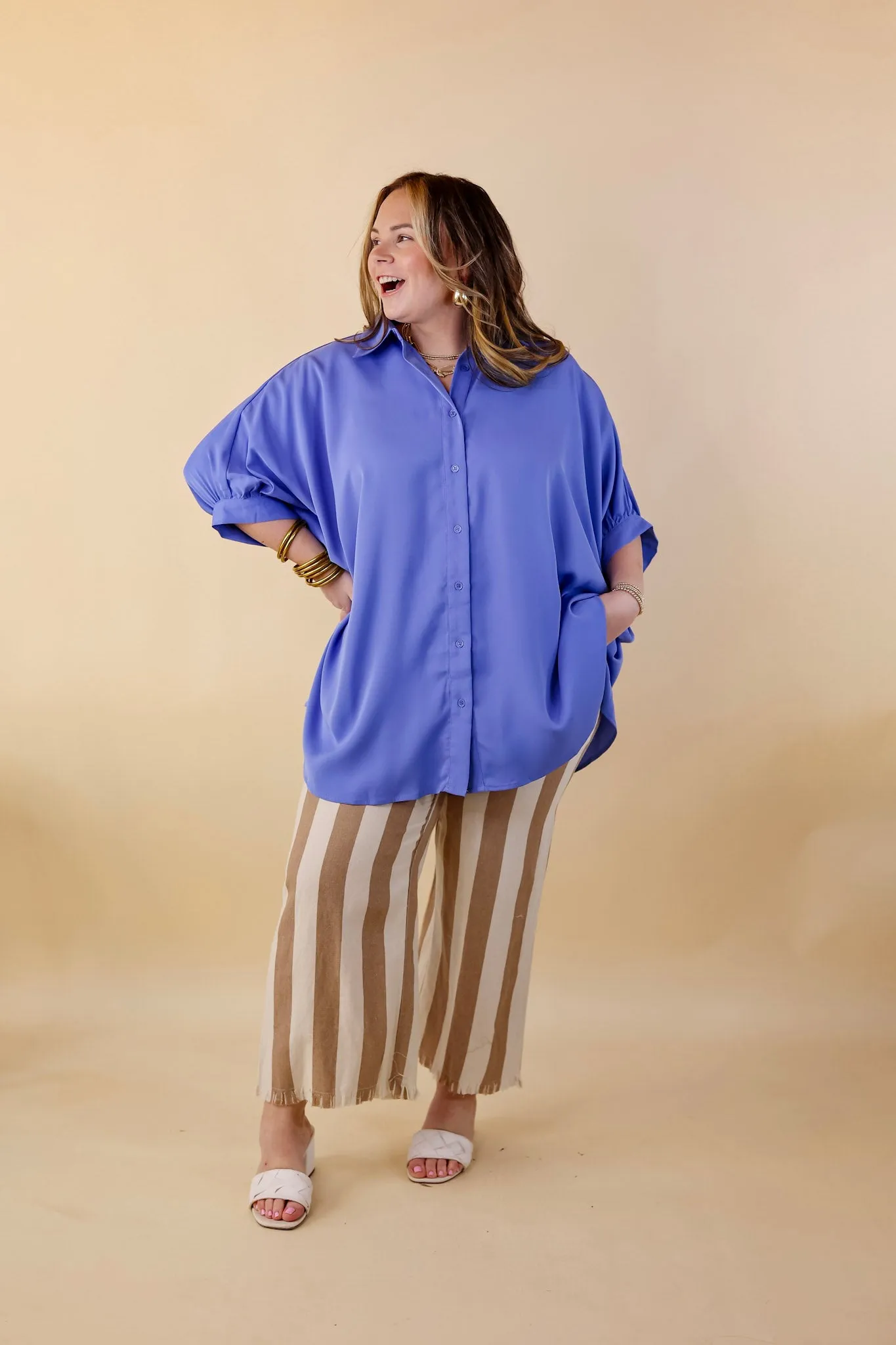 Right On Cue Elastic Waistband Striped Cropped Pants with Frayed Hem in Taupe