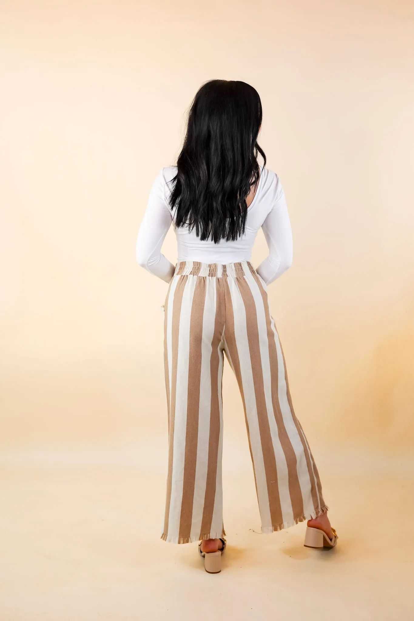 Right On Cue Elastic Waistband Striped Cropped Pants with Frayed Hem in Taupe