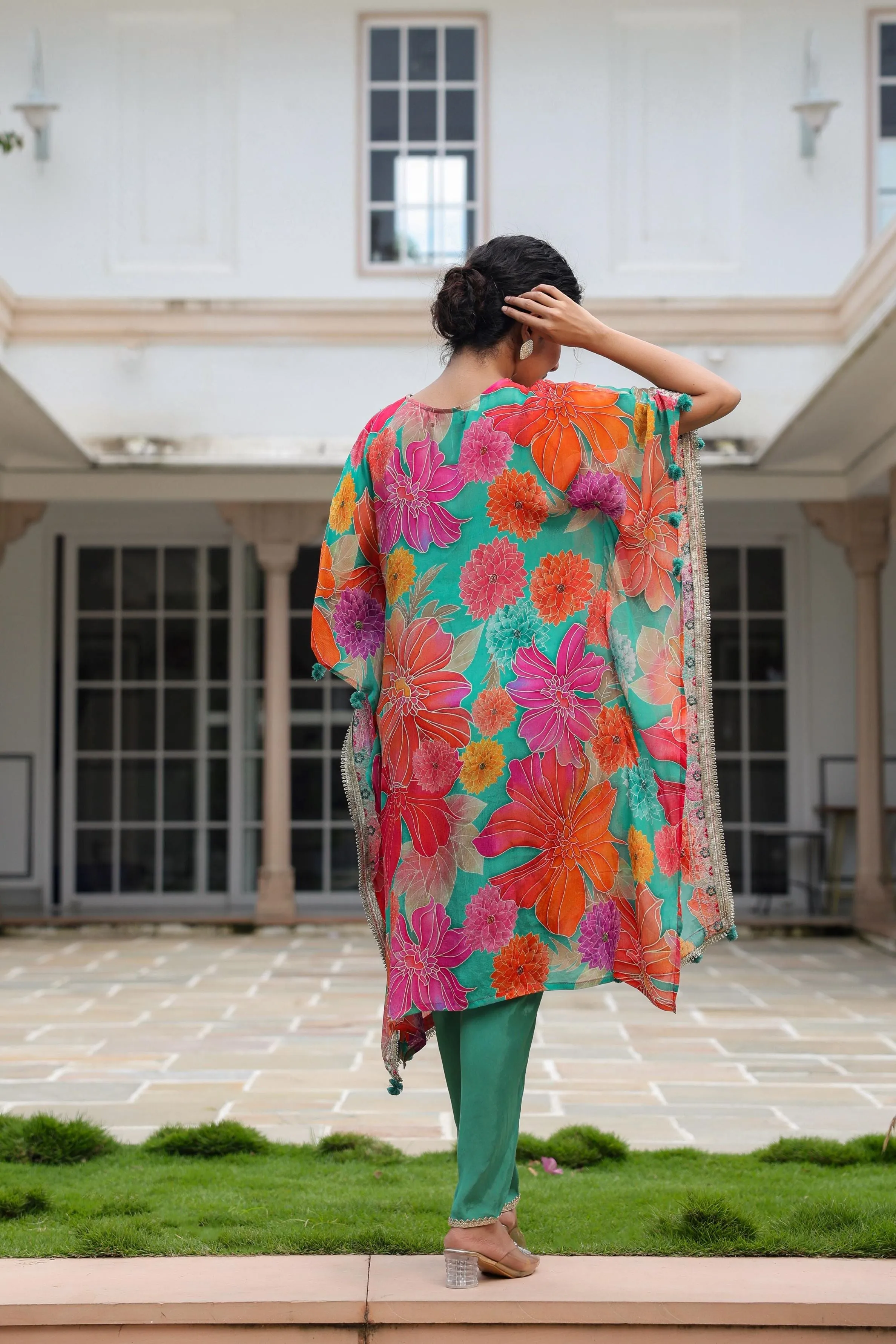 Sea Green Floral Printed Italian Silk Kaftan Set