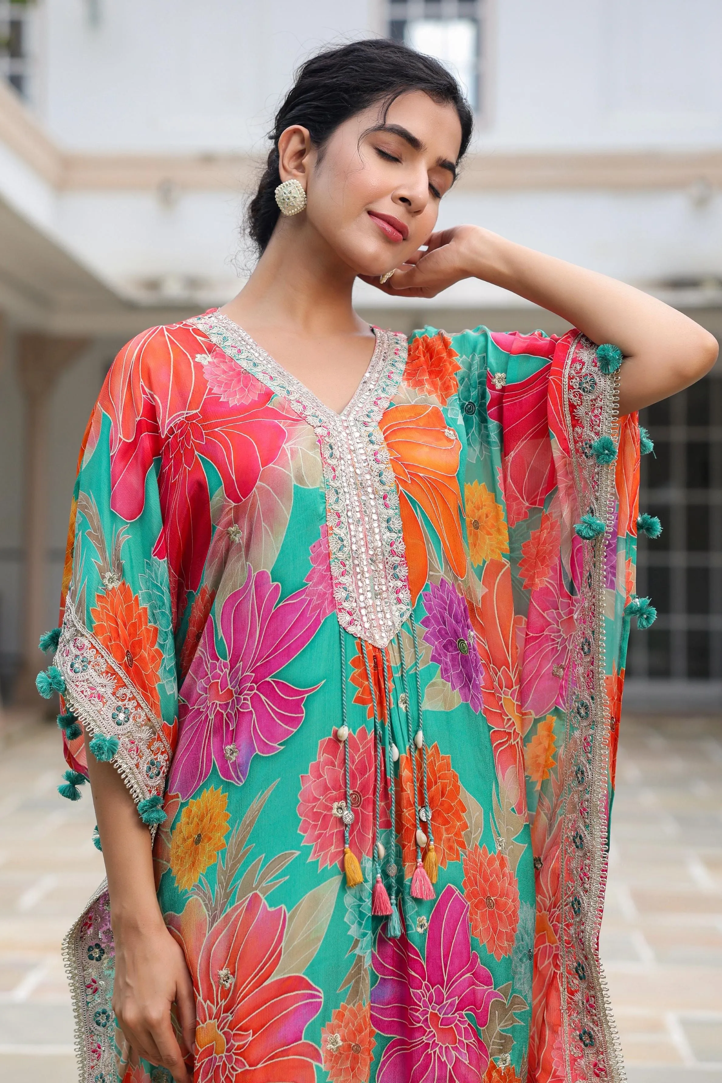 Sea Green Floral Printed Italian Silk Kaftan Set