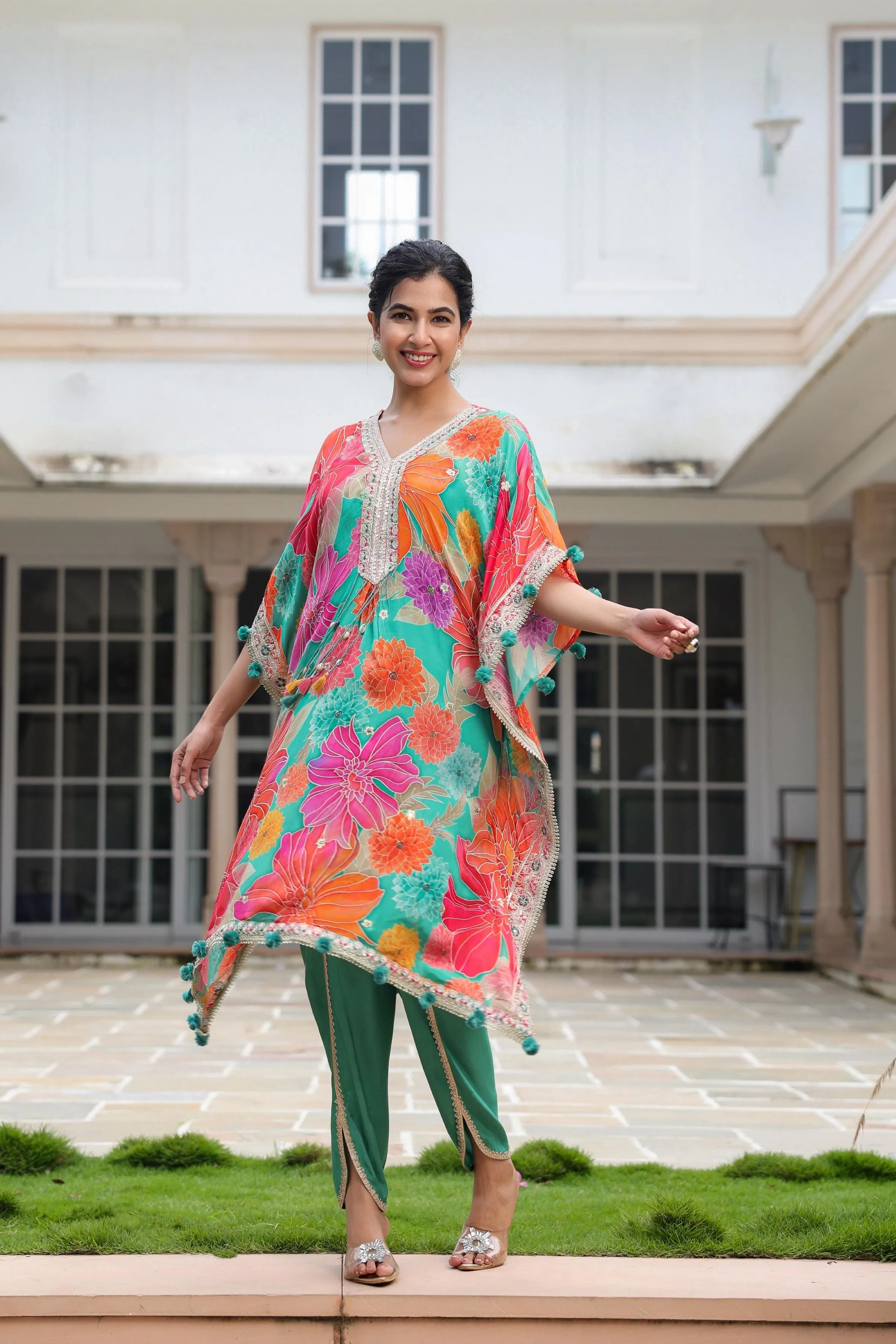 Sea Green Floral Printed Italian Silk Kaftan Set