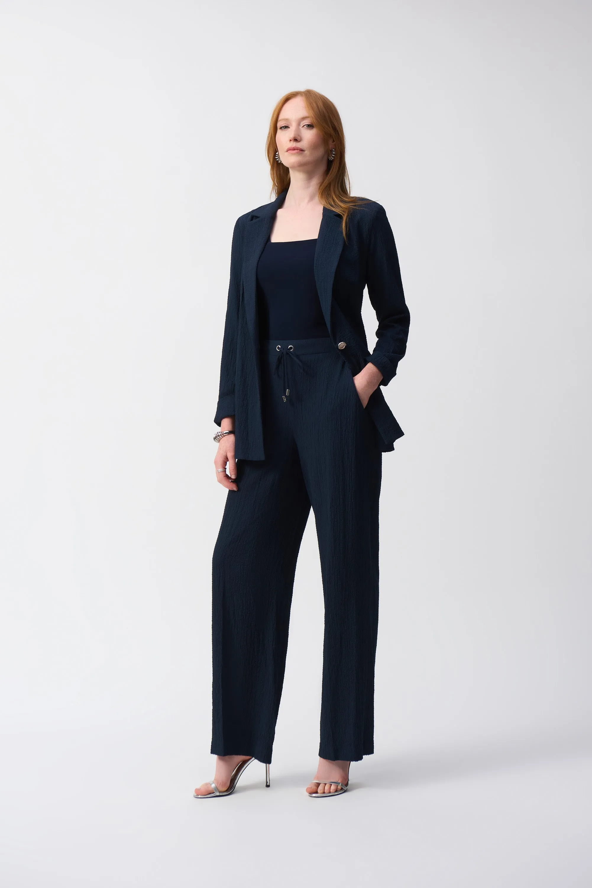 Seersucker Navy Pull On Wide Trousers <span>251293<span>